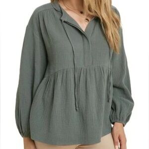 WISHLIST Long Sleeve Cotton Gauze Oversized Peplum Top in Sage Green